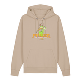 Hoodie in beige mit einer grünen Cartoon-Elwetritsche und orangefarbenem Schriftzug Pfälzer Legenden sterben nie.