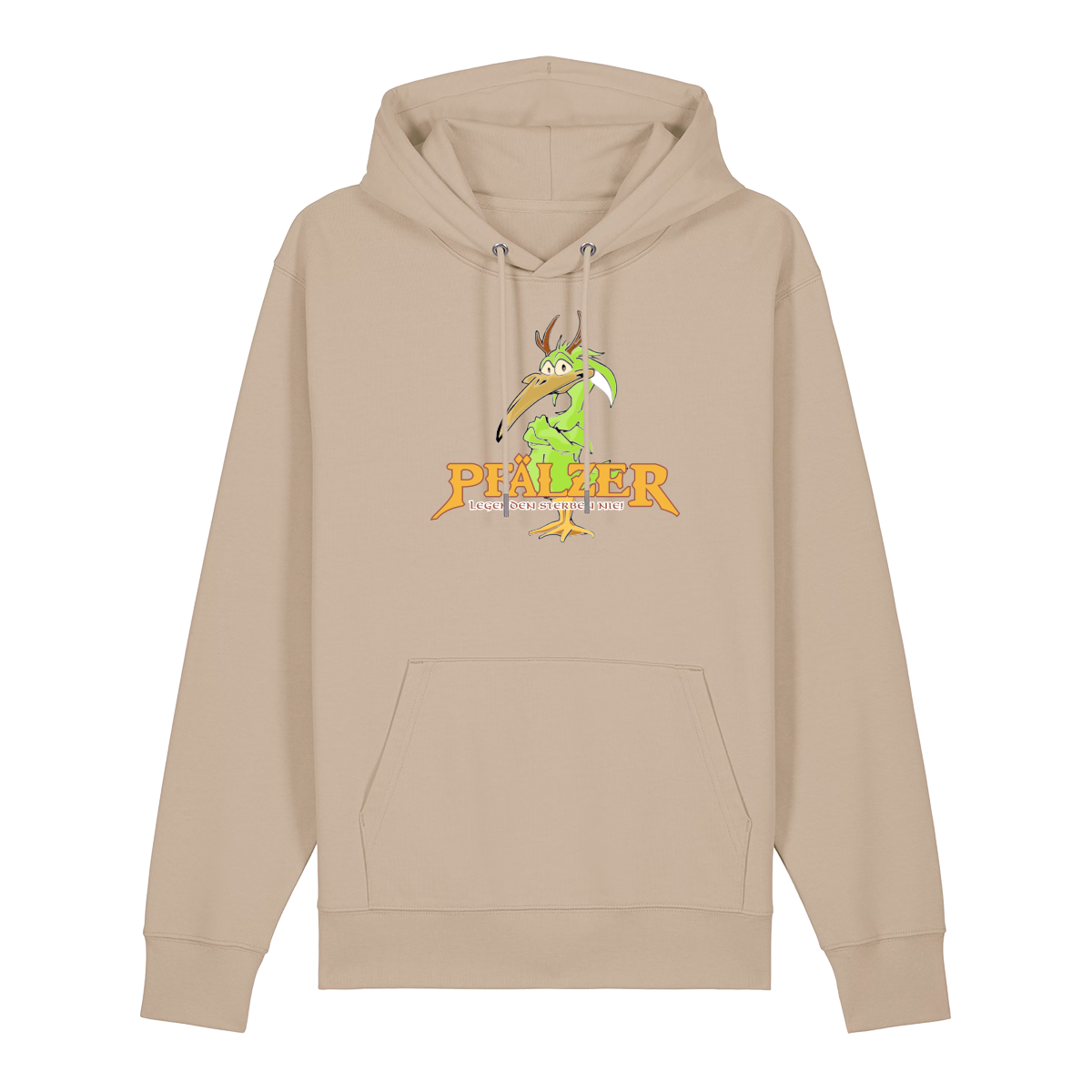 Hoodie in beige mit einer grünen Cartoon-Elwetritsche und orangefarbenem Schriftzug Pfälzer Legenden sterben nie.