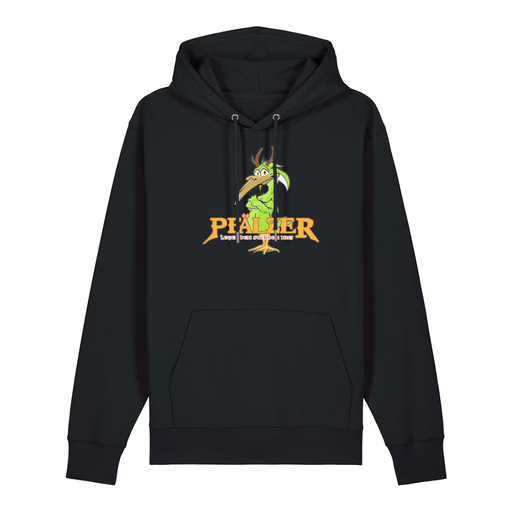Hoodie in schwarz mit einer grünen Cartoon-Elwetritsche und orangefarbenem Schriftzug Pfälzer Legenden sterben nie.