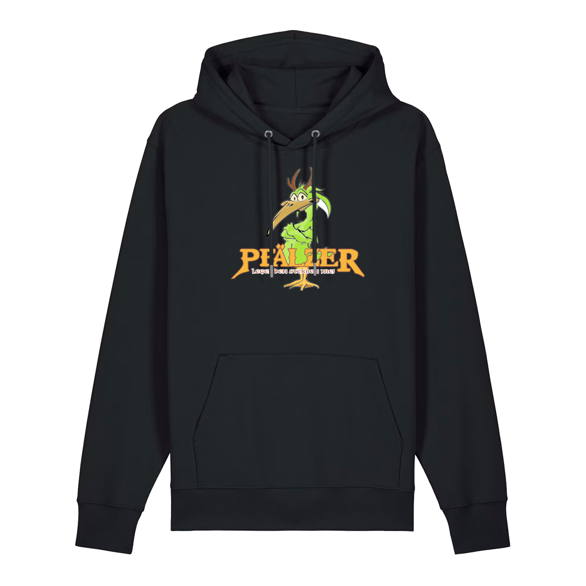 Hoodie in schwarz mit einer grünen Cartoon-Elwetritsche und orangefarbenem Schriftzug Pfälzer Legenden sterben nie.