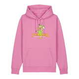 Hoodie in bubbelpink mit einer grünen Cartoon-Elwetritsche und orangefarbenem Schriftzug Pfälzer Legenden sterben nie.