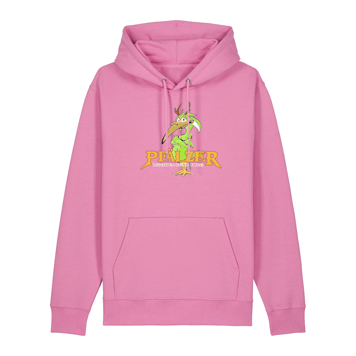 Hoodie in bubbelpink mit einer grünen Cartoon-Elwetritsche und orangefarbenem Schriftzug Pfälzer Legenden sterben nie.
