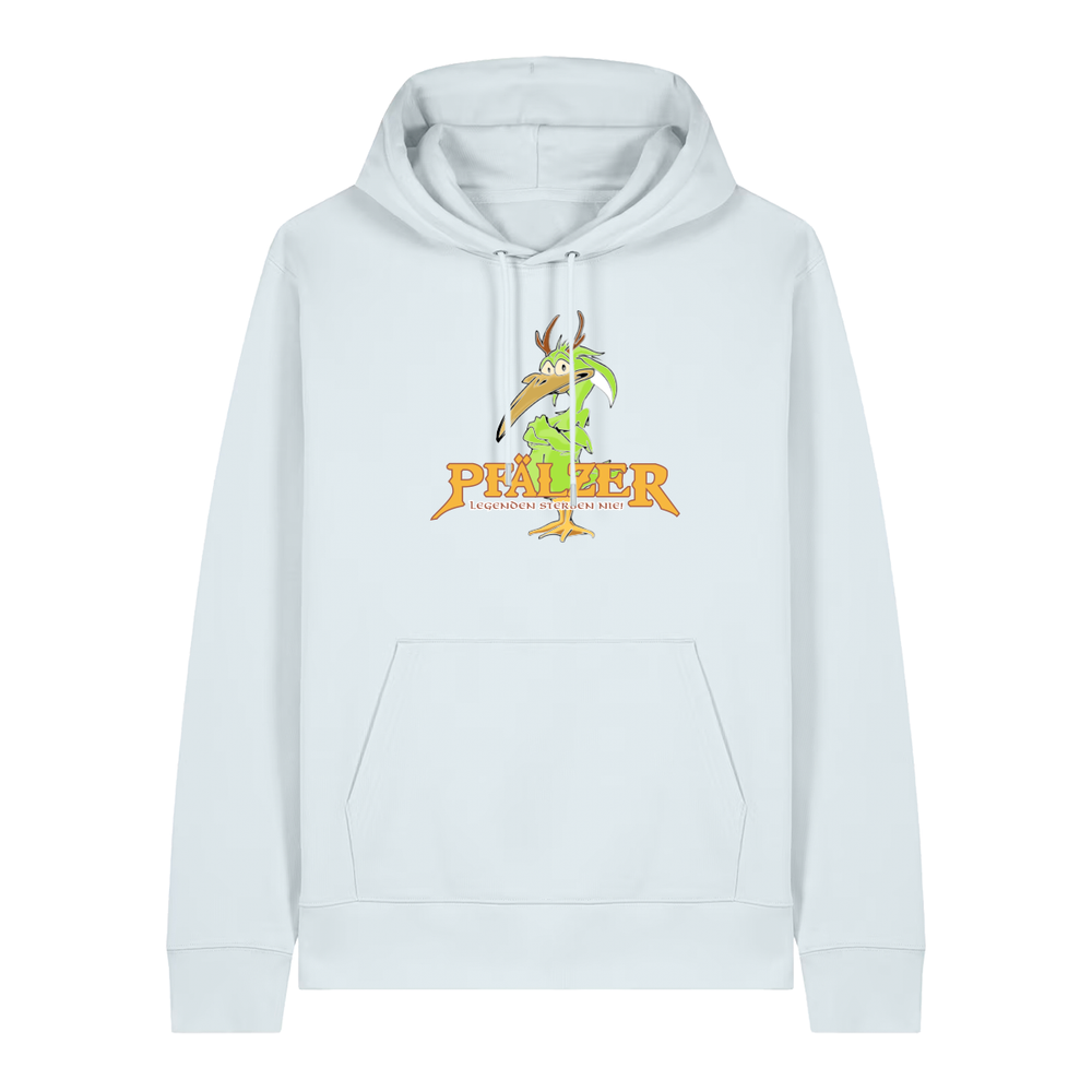 Hoodie in eisblau mit einer grünen Cartoon-Elwetritsche und orangefarbenem Schriftzug Pfälzer Legenden sterben nie.