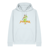 Hoodie in eisblau mit einer grünen Cartoon-Elwetritsche und orangefarbenem Schriftzug Pfälzer Legenden sterben nie.