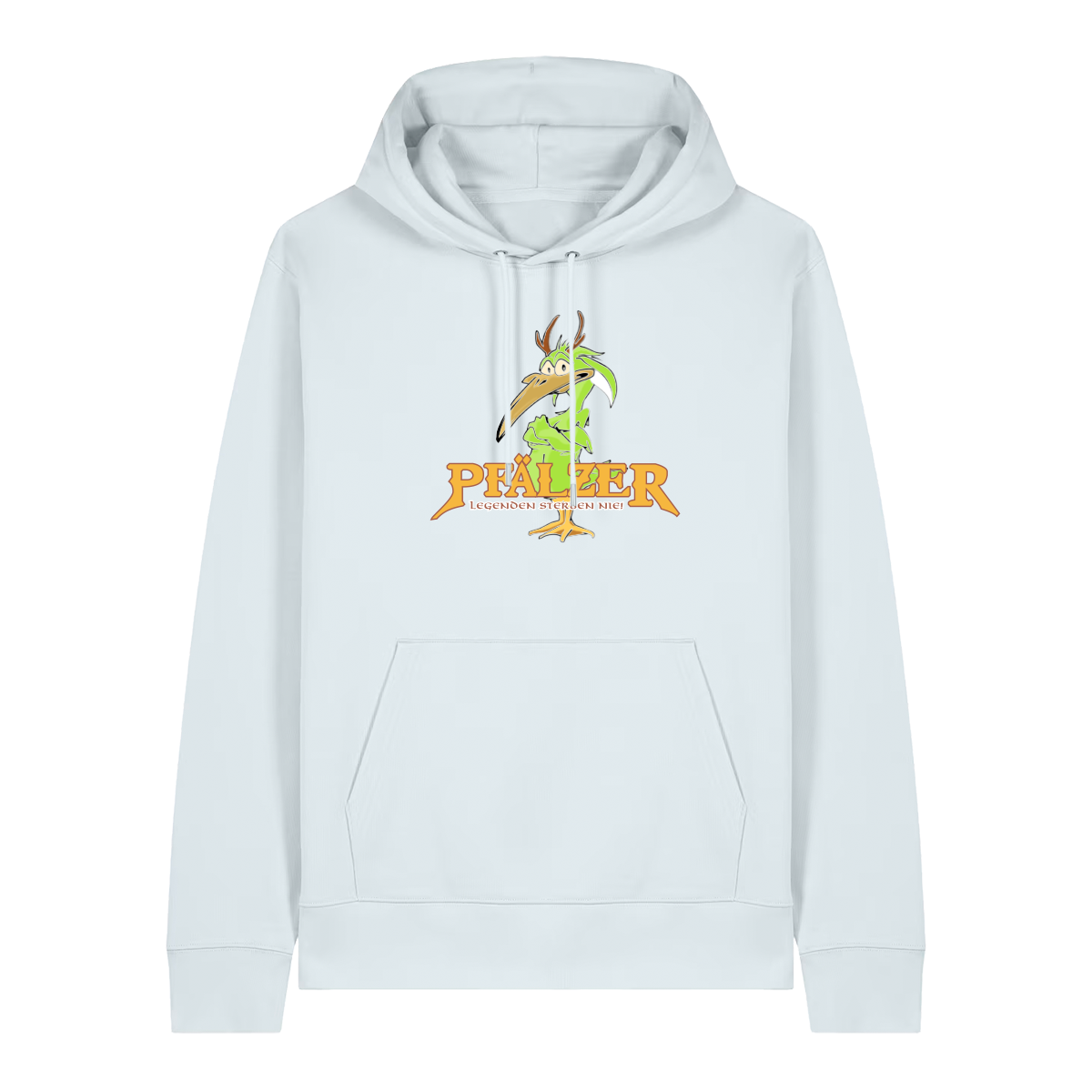 Hoodie in eisblau mit einer grünen Cartoon-Elwetritsche und orangefarbenem Schriftzug Pfälzer Legenden sterben nie.