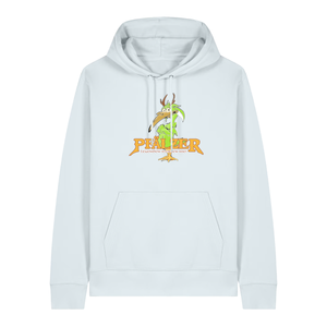 Hoodie in eisblau mit einer grünen Cartoon-Elwetritsche und orangefarbenem Schriftzug Pfälzer Legenden sterben nie.
