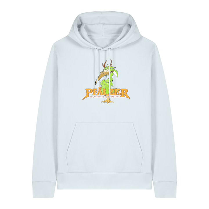Hoodie in eisblau mit einer grünen Cartoon-Elwetritsche und orangefarbenem Schriftzug Pfälzer Legenden sterben nie.