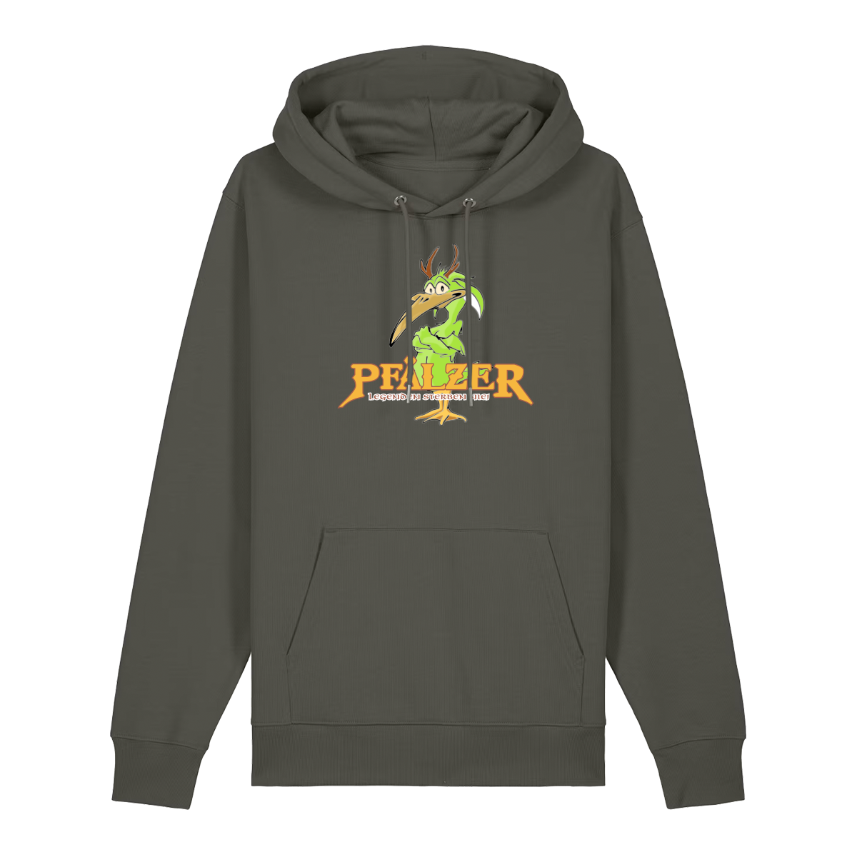 Hoodie in khaki mit einer grünen Cartoon-Elwetritsche und orangefarbenem Schriftzug Pfälzer Legenden sterben nie.