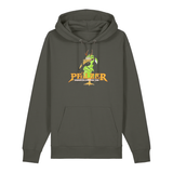 Hoodie in khaki mit einer grünen Cartoon-Elwetritsche und orangefarbenem Schriftzug Pfälzer Legenden sterben nie.