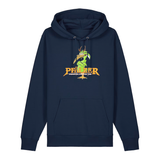 Hoodie in navy mit einer grünen Cartoon-Elwetritsche und orangefarbenem Schriftzug Pfälzer Legenden sterben nie.