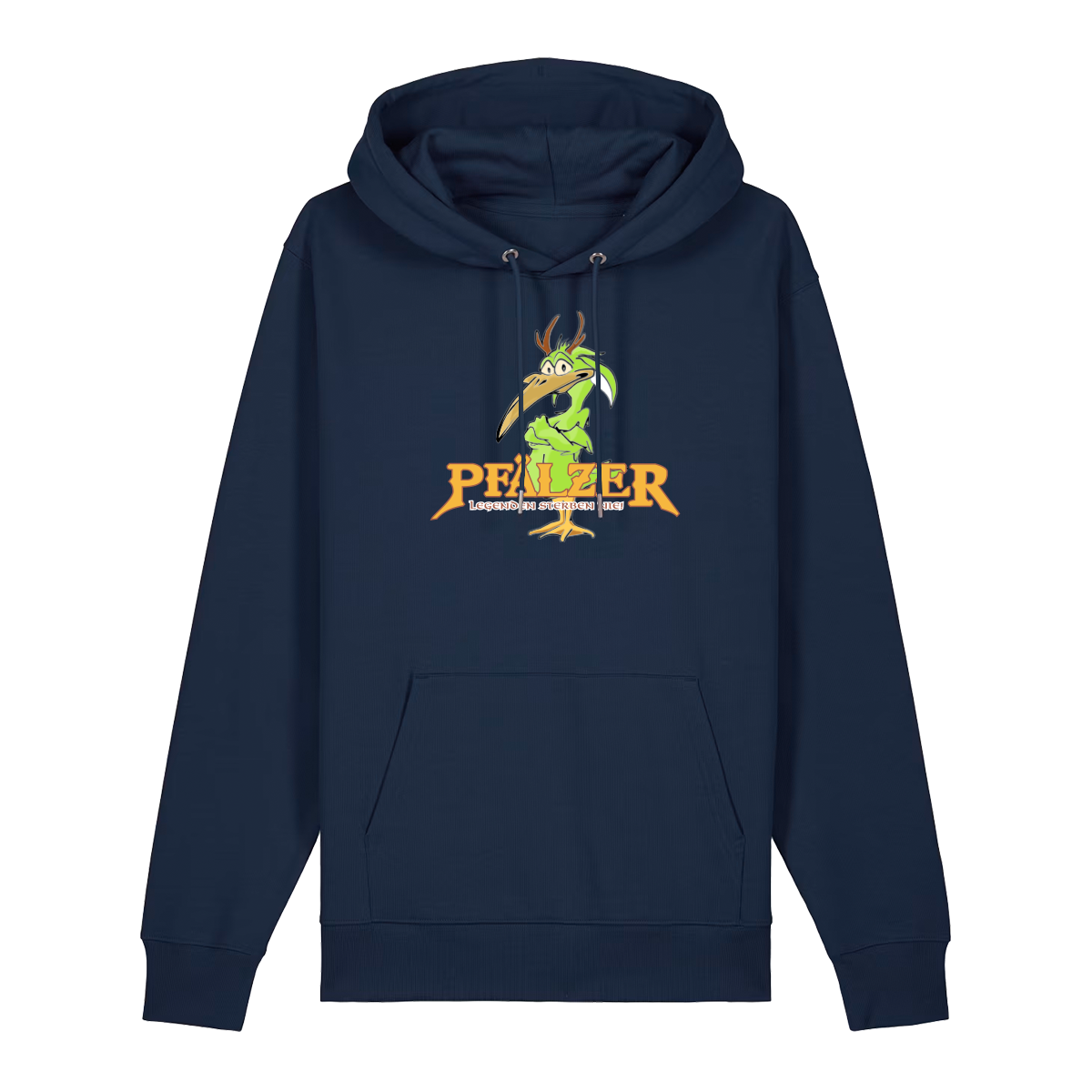Hoodie in navy mit einer grünen Cartoon-Elwetritsche und orangefarbenem Schriftzug Pfälzer Legenden sterben nie.