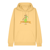 Hoodie in gelb mit einer grünen Cartoon-Elwetritsche und orangefarbenem Schriftzug Pfälzer Legenden sterben nie.