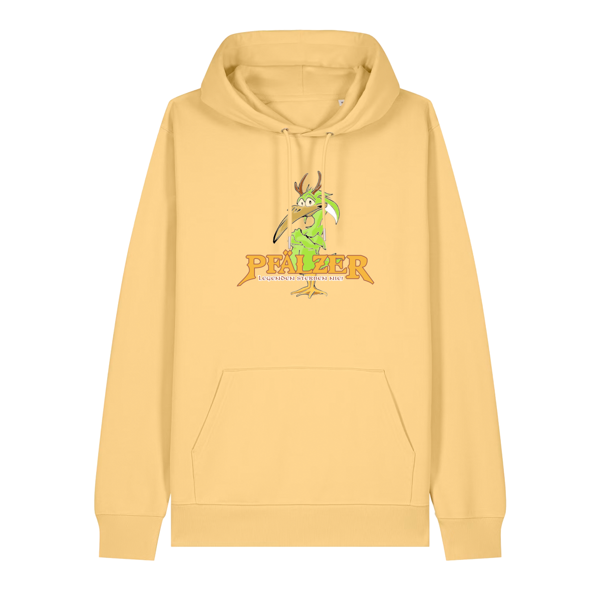 Hoodie in gelb mit einer grünen Cartoon-Elwetritsche und orangefarbenem Schriftzug Pfälzer Legenden sterben nie.