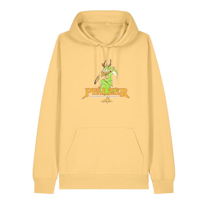 Hoodie in gelb mit einer grünen Cartoon-Elwetritsche und orangefarbenem Schriftzug Pfälzer Legenden sterben nie.