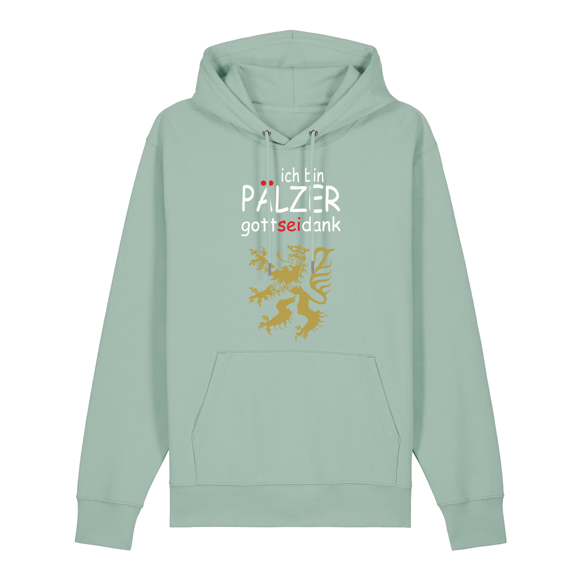 Hoodie in aloe mit Schriftzug ich bin Pälzer gott sei dank und goldenem Löwenmotiv.