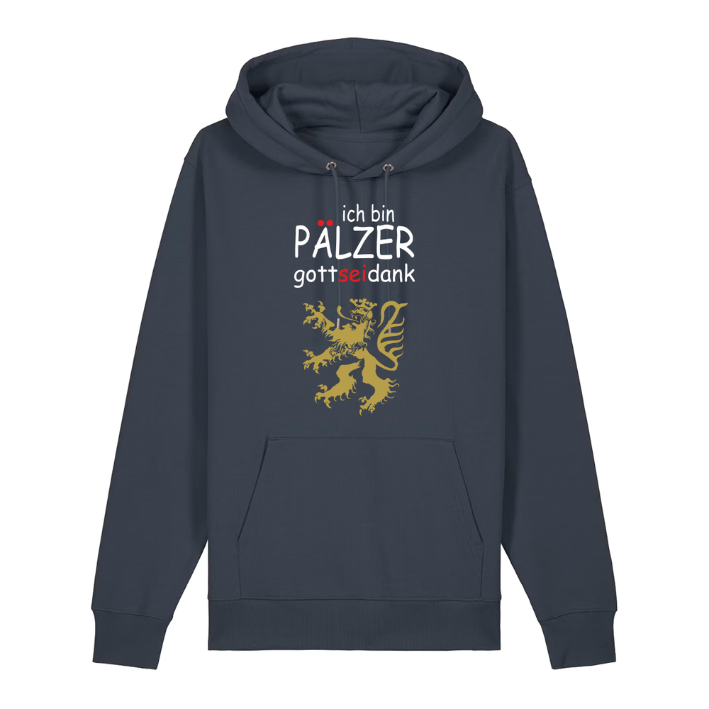 Hoodie in anthrazit mit Schriftzug ich bin Pälzer gott sei dank und goldenem Löwenmotiv.