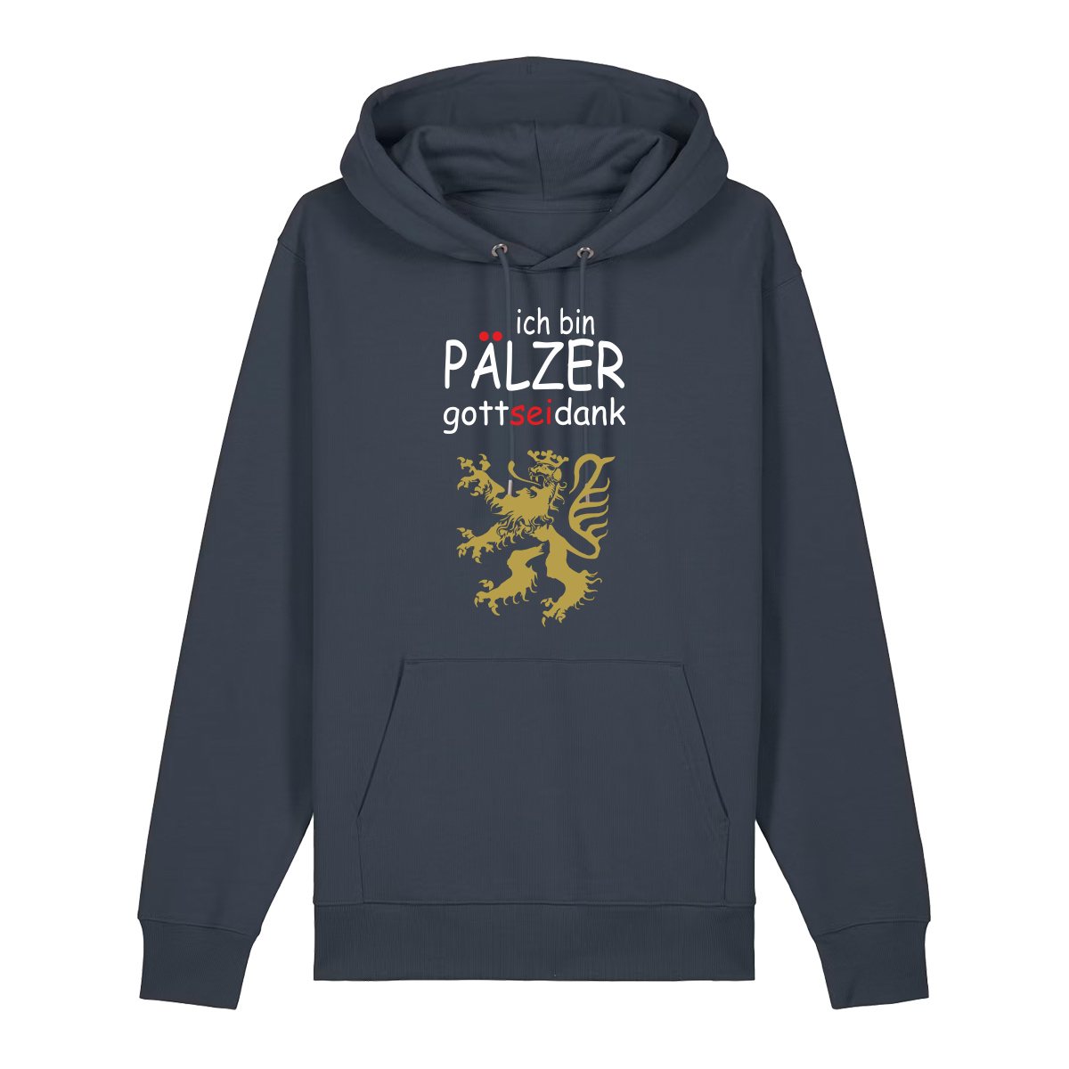 Hoodie in anthrazit mit Schriftzug ich bin Pälzer gott sei dank und goldenem Löwenmotiv.