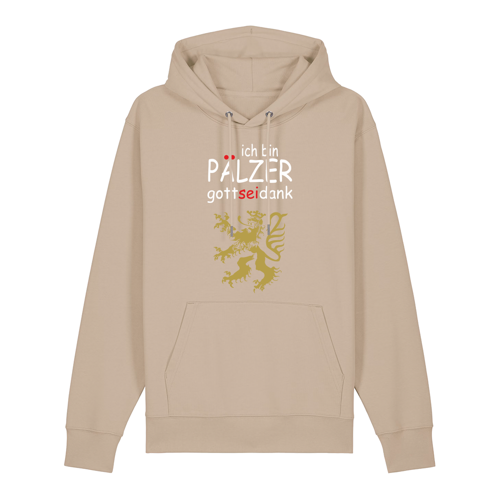 Hoodie in beige mit Schriftzug ich bin Pälzer gott sei dank und goldenem Löwenmotiv.