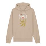 Hoodie in beige mit Schriftzug ich bin Pälzer gott sei dank und goldenem Löwenmotiv.