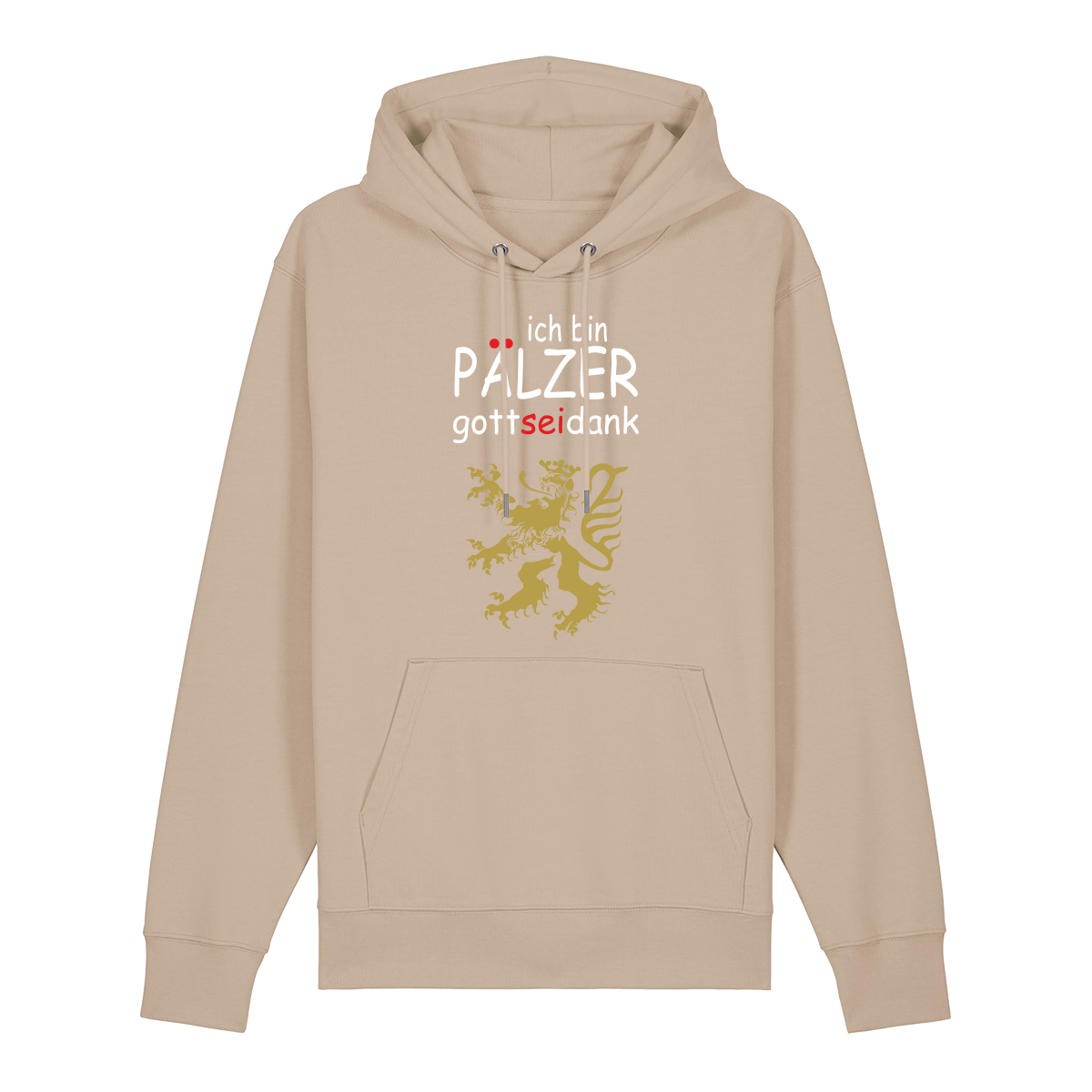 Hoodie in beige mit Schriftzug ich bin Pälzer gott sei dank und goldenem Löwenmotiv.