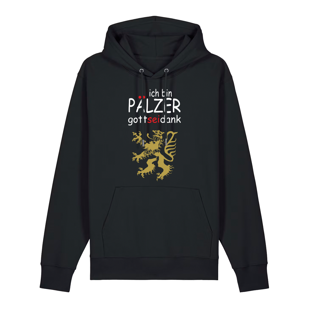 Hoodie in schwarz mit Schriftzug ich bin Pälzer gott sei dank und goldenem Löwenmotiv.