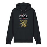 Hoodie in schwarz mit Schriftzug ich bin Pälzer gott sei dank und goldenem Löwenmotiv.
