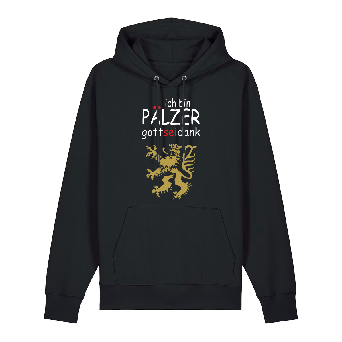 Hoodie in schwarz mit Schriftzug ich bin Pälzer gott sei dank und goldenem Löwenmotiv.