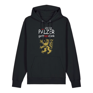 Hoodie in schwarz mit Schriftzug ich bin Pälzer gott sei dank und goldenem Löwenmotiv.