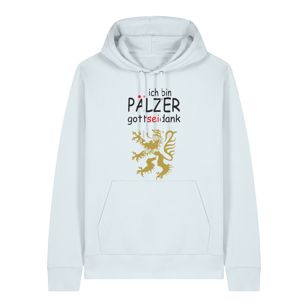 Hoodie in eisblau mit Schriftzug ich bin Pälzer gott sei dank und goldenem Löwenmotiv.