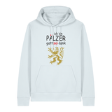 Hoodie in eisblau mit Schriftzug ich bin Pälzer gott sei dank und goldenem Löwenmotiv.
