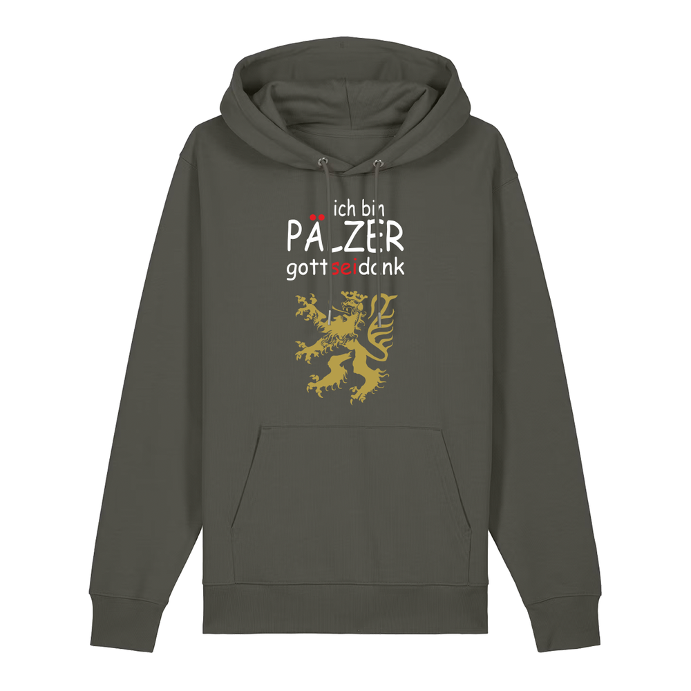 Hoodie in khaki mit Schriftzug ich bin Pälzer gott sei dank und goldenem Löwenmotiv.