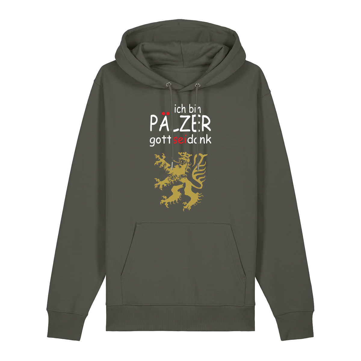 Hoodie in khaki mit Schriftzug ich bin Pälzer gott sei dank und goldenem Löwenmotiv.