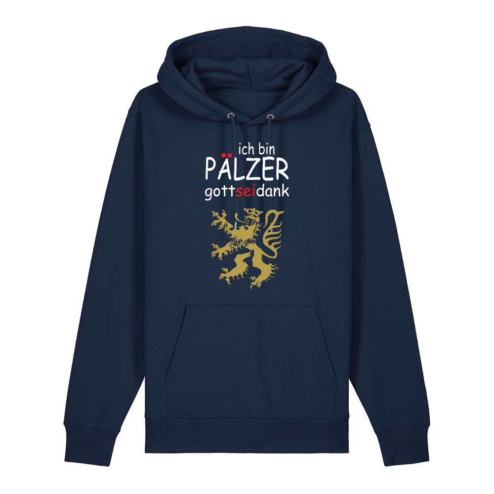 Hoodie in navy mit Schriftzug ich bin Pälzer gott sei dank und goldenem Löwenmotiv.