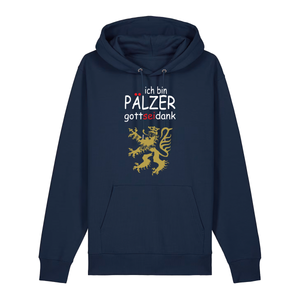 Hoodie in navy mit Schriftzug ich bin Pälzer gott sei dank und goldenem Löwenmotiv.
