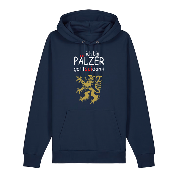 Hoodie in navy mit Schriftzug ich bin Pälzer gott sei dank und goldenem Löwenmotiv.