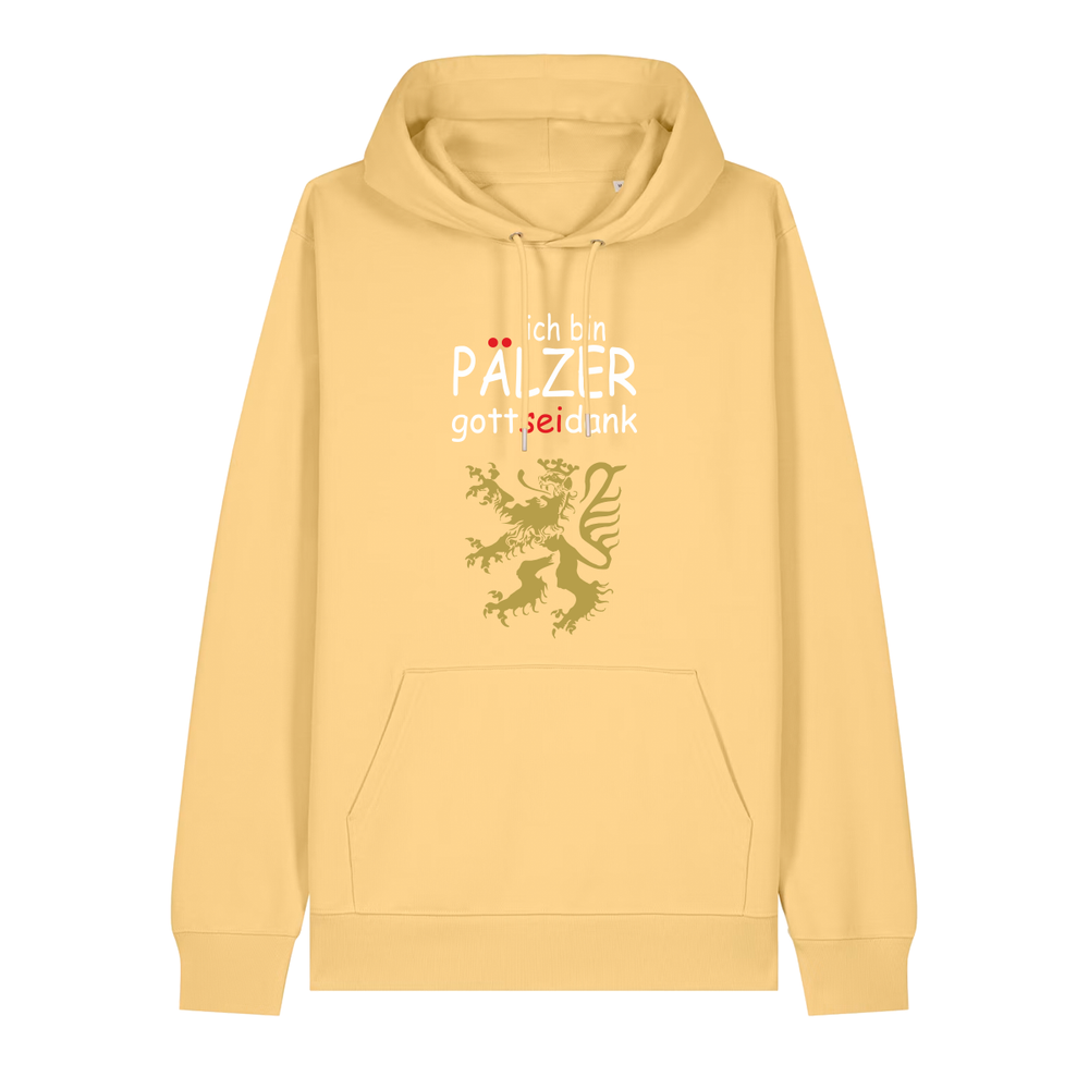 Hoodie in gelb mit Schriftzug ich bin Pälzer gott sei dank und goldenem Löwenmotiv.