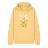 Hoodie in gelb mit Schriftzug ich bin Pälzer gott sei dank und goldenem Löwenmotiv.