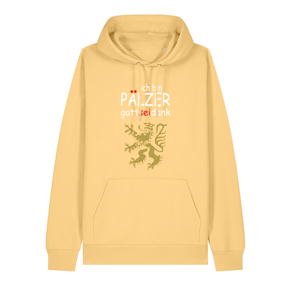 Hoodie in gelb mit Schriftzug ich bin Pälzer gott sei dank und goldenem Löwenmotiv.