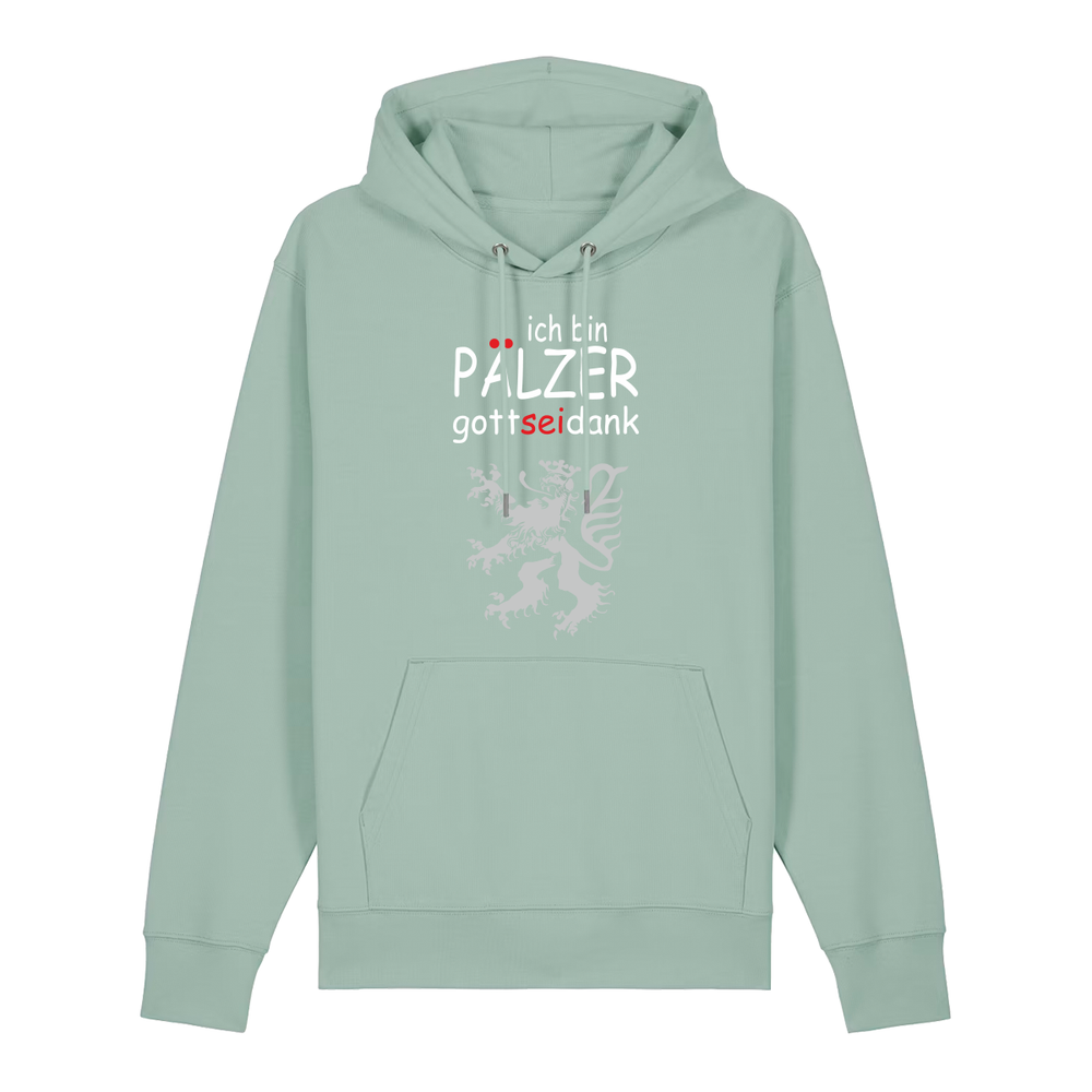 Hoodie in aloe mit Schriftzug ich bin Pälzer gott sei dank und silbernem Löwenmotiv.