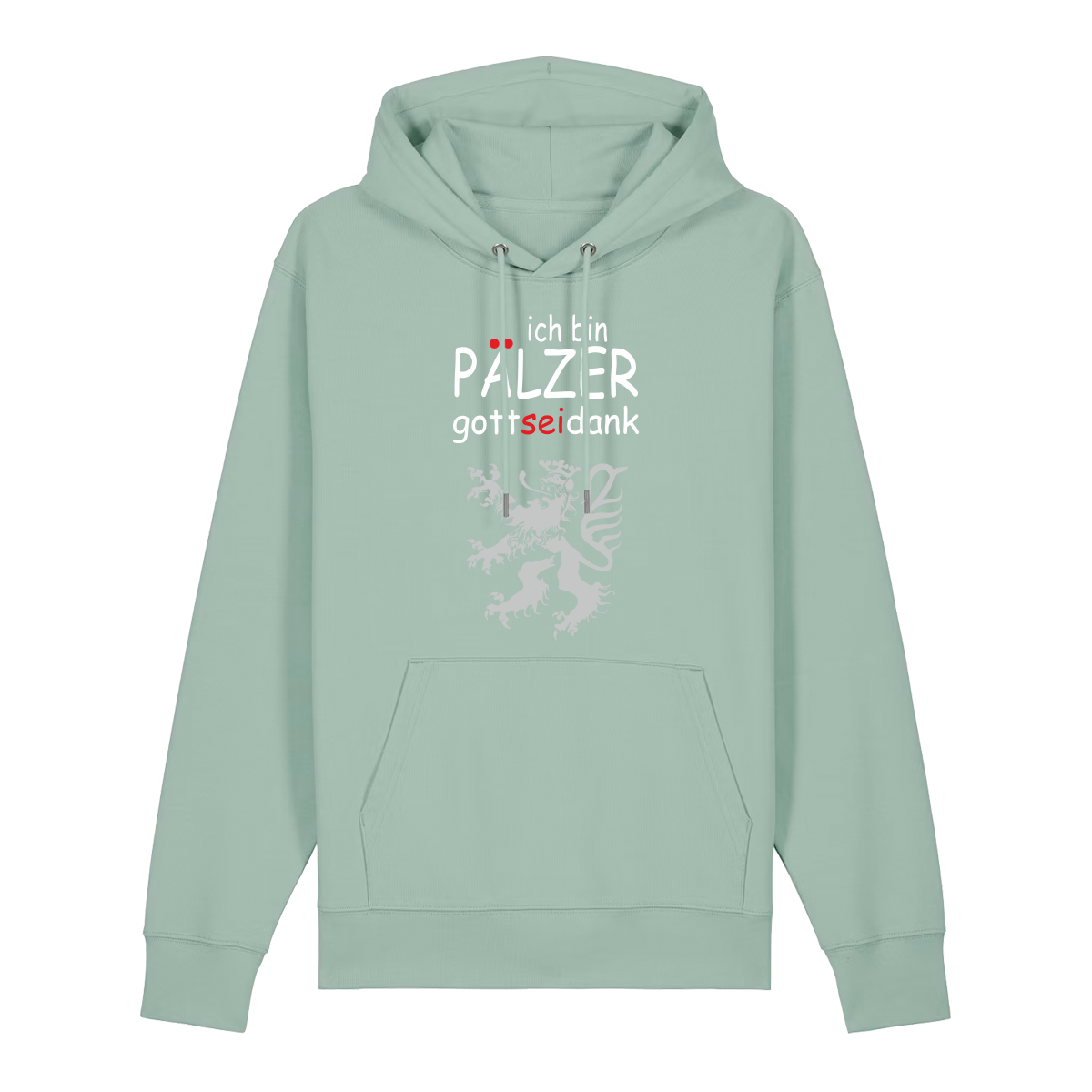 Hoodie in aloe mit Schriftzug ich bin Pälzer gott sei dank und silbernem Löwenmotiv.