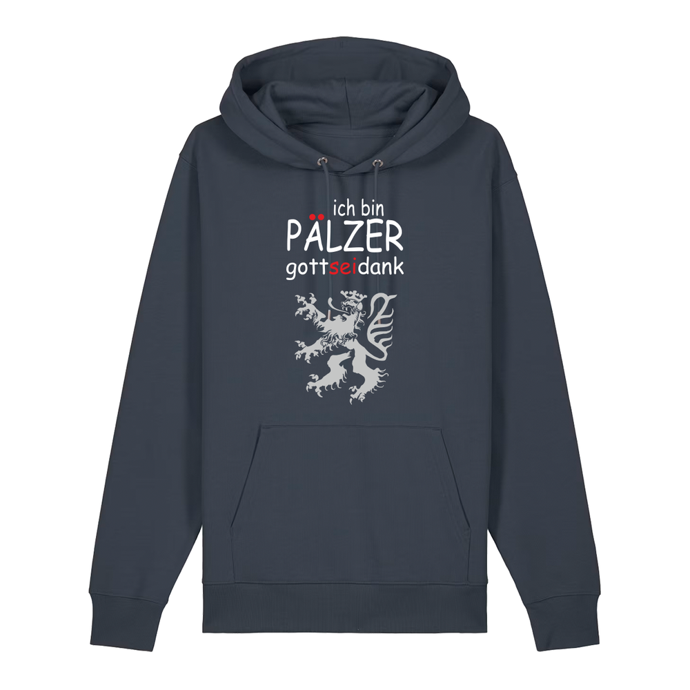 Hoodie in anthrazit mit Schriftzug ich bin Pälzer gott sei dank und silbernem Löwenmotiv.