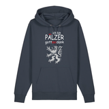 Hoodie in anthrazit mit Schriftzug ich bin Pälzer gott sei dank und silbernem Löwenmotiv.