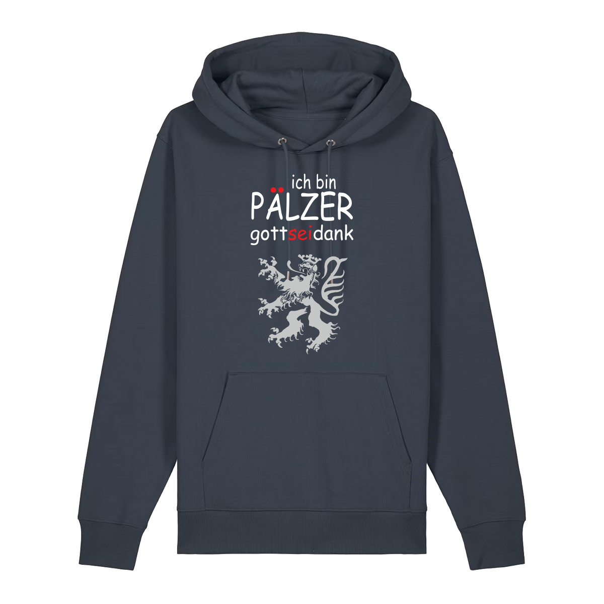 Hoodie in anthrazit mit Schriftzug ich bin Pälzer gott sei dank und silbernem Löwenmotiv.