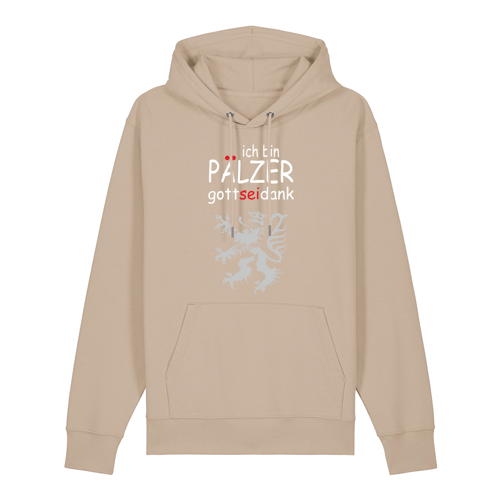 Hoodie in beige mit Schriftzug ich bin Pälzer gott sei dank und silbernem Löwenmotiv.
