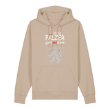 Hoodie in beige mit Schriftzug ich bin Pälzer gott sei dank und silbernem Löwenmotiv.