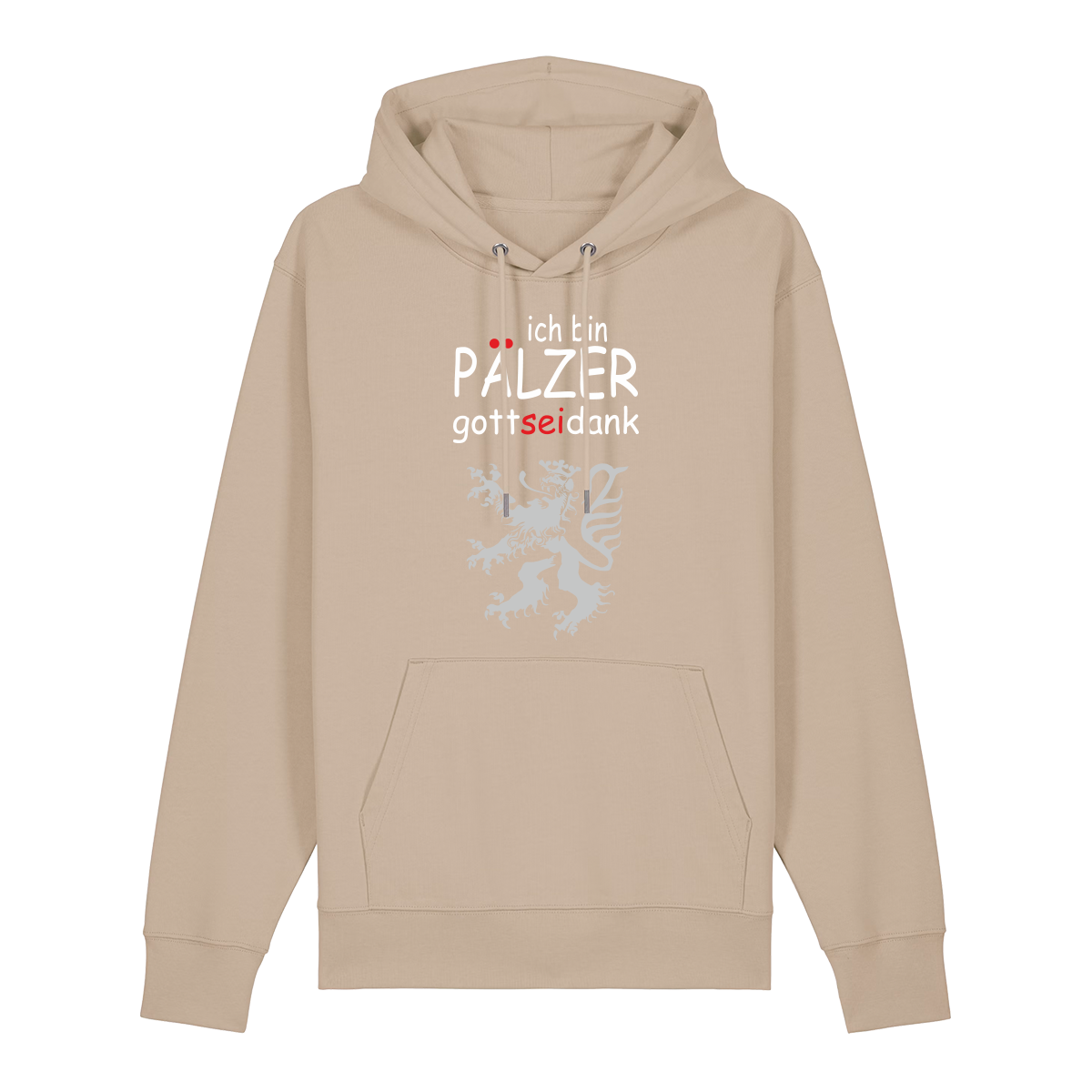 Hoodie in beige mit Schriftzug ich bin Pälzer gott sei dank und silbernem Löwenmotiv.