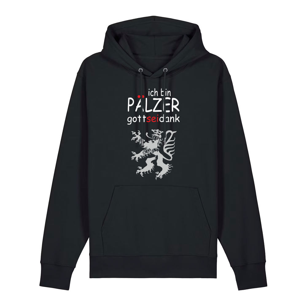 Hoodie in schwarz mit Schriftzug ich bin Pälzer gott sei dank und silbernem Löwenmotiv.