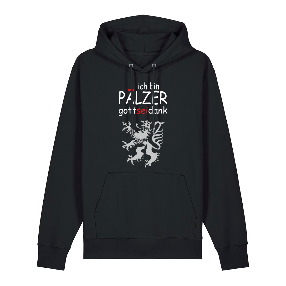 Hoodie in schwarz mit Schriftzug ich bin Pälzer gott sei dank und silbernem Löwenmotiv.