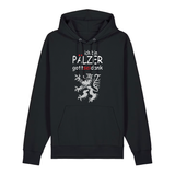Hoodie in schwarz mit Schriftzug ich bin Pälzer gott sei dank und silbernem Löwenmotiv.