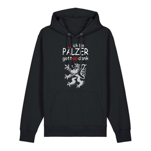 Hoodie in schwarz mit Schriftzug ich bin Pälzer gott sei dank und silbernem Löwenmotiv.